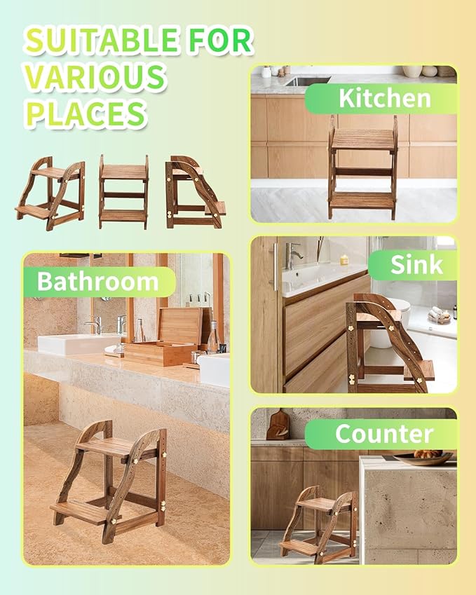 Wooden Step Stool for Kids, Toddler Adjustable Two Step Stool for Bathroom, Toilet Stool for Potty Training Stepping Stool with 300 lbs Capacity (Black Walnut)