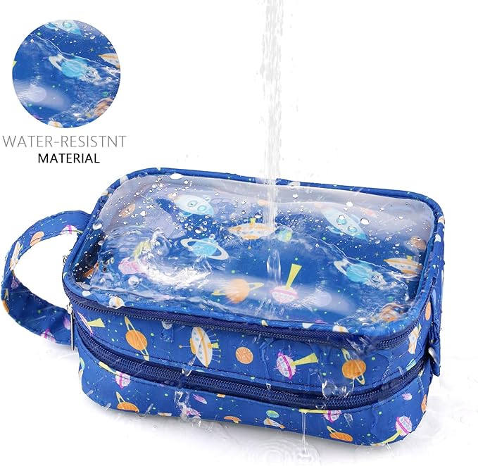 Space Kids Toiletry Bag for Boys, Travel Clear Toiletry Bag for Little Young Boys Waterproof Hanging Wash Bag Toddler Traveling Toiletries, Navy Blue