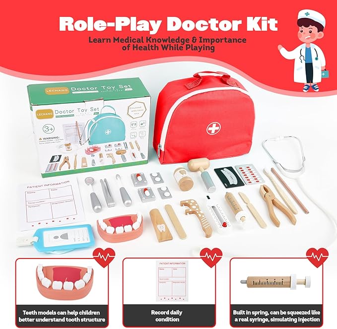 Doctor Kit for Kids, Dentist Pretend Play Educational Doctor Toy Set, 25Pcs Wooden Medical Kit with Stethoscope & Bag & Pretend Teeth & Doctor Toys, Role Play Toys for Girls and Boys 3-8 Years Old