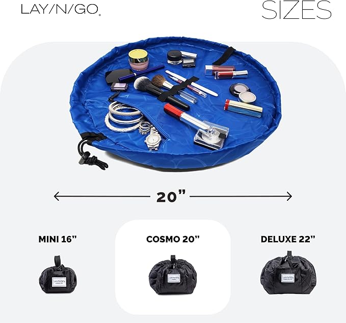 Lay-n-Go Cosmo Lay Flat Drawstring Cosmetic & Makeup Bag Organizer - Zipper Pocket, Brush Loops & Storage - Machine Washable, Toiletry Carrier for Travel, Cinch Closure, Gift (20", Sky Blue)
