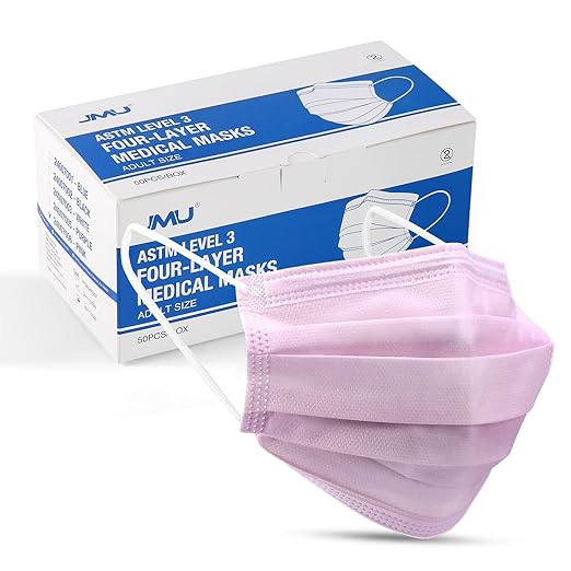 JMU 50 Pack Disposable Face Masks, 4-Ply ASTM Level 3 Medical Masks for Adults, Pink
