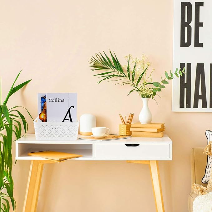 STARVAST 5 Pack Plastic Storage Baskets, Portable White Fish Scale Pattern Hollow Desktop Storage Bin Box with Handle for Kitchen, Bathroom, Kids Room or Nursery Storage – 9.4 x 7.1 x 4.1 inches