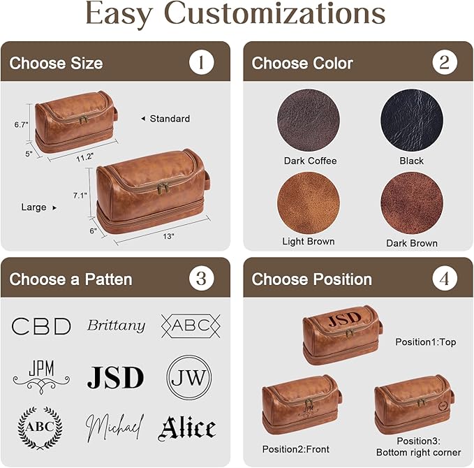 Personalized Toiletry Bag For Men, Husband, Boyfriend, Dad Large Capacity PU Leather Travel Dopp Kit Handcrafted Custom Name Unique Gift For Birthday| Fathers Day| Anniversary| Wedding Groomsmen Gifts