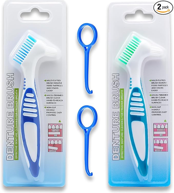 Denture Brush Dual Head Toothbrushes False Teeth Brush Denture Cleaning Kit Toothbrush (Blue Green)