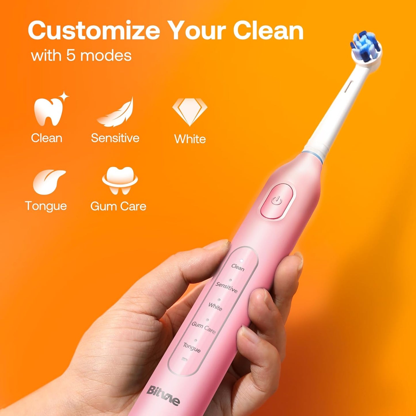 Bitvae R1 Rotating Electric Toothbrush with 8 Brush Heads for Adults and Kids, 5 Modes Rechargeable Power Toothbrush, 3 Hours Fast Charge for 60 Days, Brushing Timer, Pink