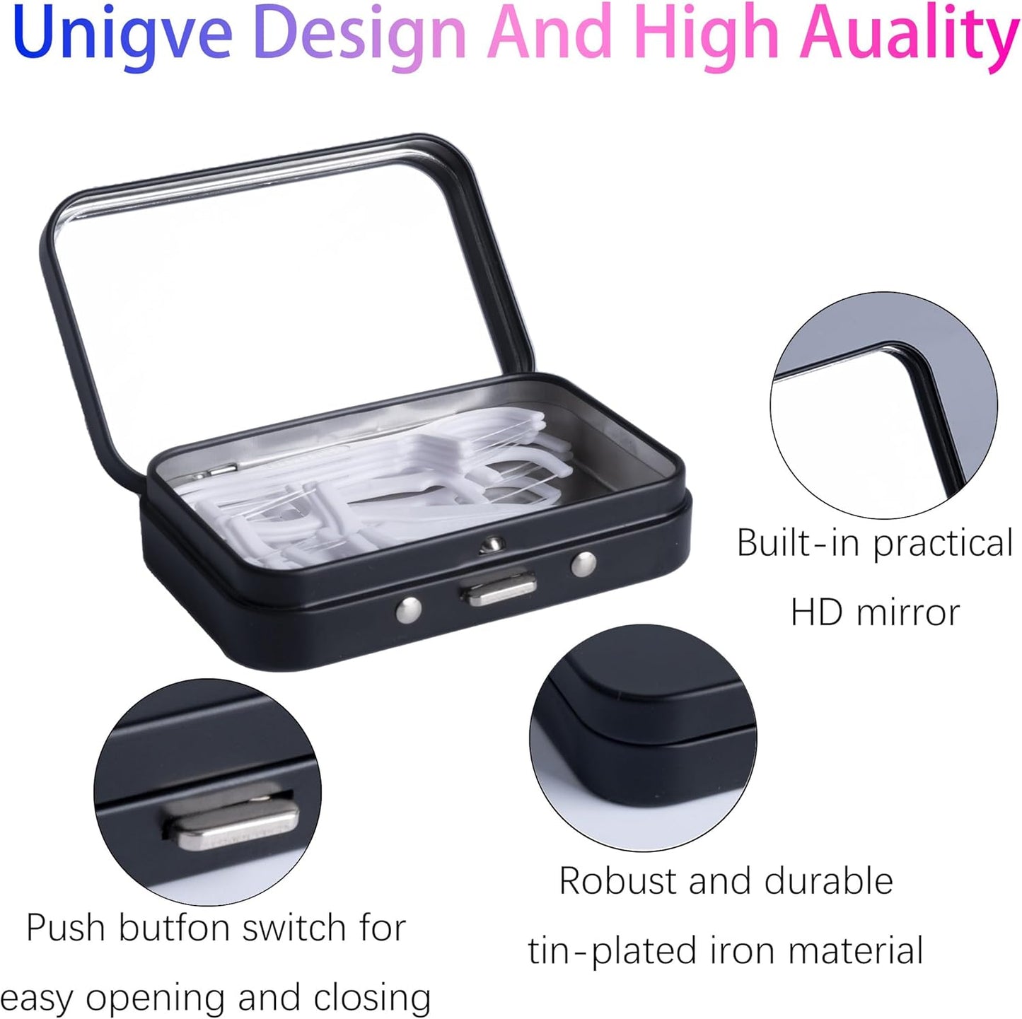 2Pack Dental Floss Portable Case with Mirror,Refillable Portable Floss Pick Holder Container,Small Floss Dispenser for Travel, Dates,Dinners and Hotels(Black)
