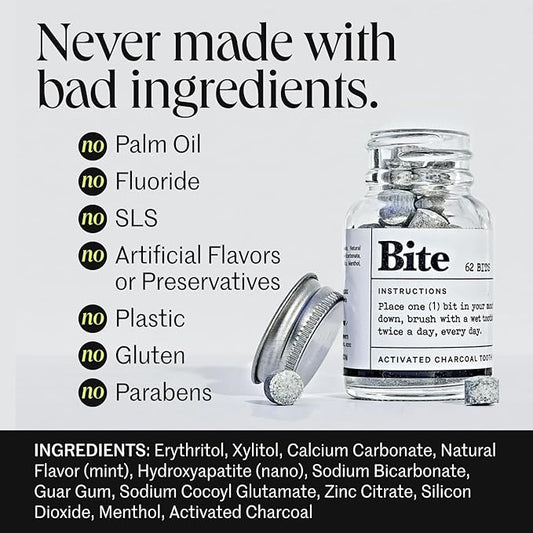 Bite Whitening Toothpaste Tablets – Nano Hydroxyapatite & Xylitol (Mint Charcoal) | Sensitive Teeth Friendly | No Fluoride, Vegan, Cruelty-Free | Travel-Size | 2 Bottles (124 Bits) | Made in USA