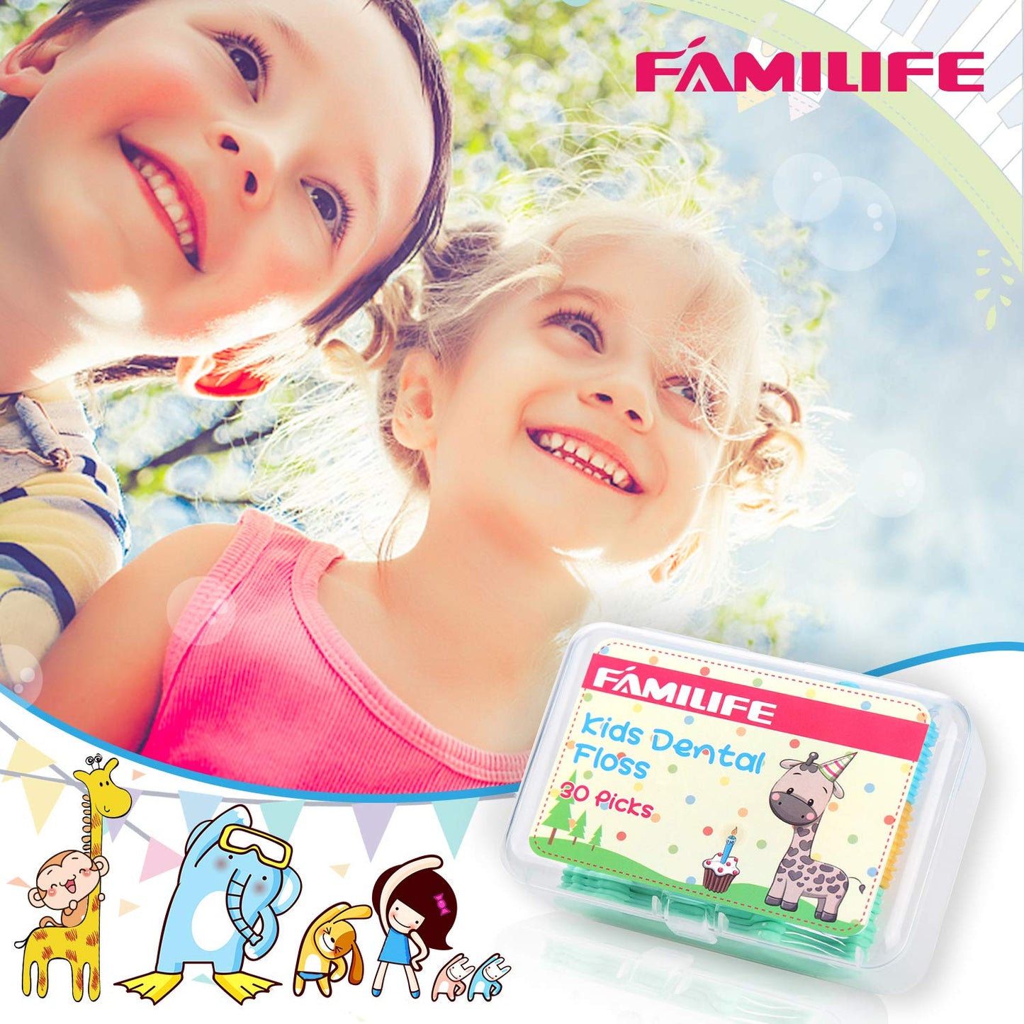 FAMILIFE Floss Picks, 120 Pcs Kid's Dental Floss Cleaner Without Fluoride, Tooth Pick Flossers with 4 Travel Handy Cases, Helps to Fight Tooth Decay and Keep Your Kids’ Teeth Clean, for Family