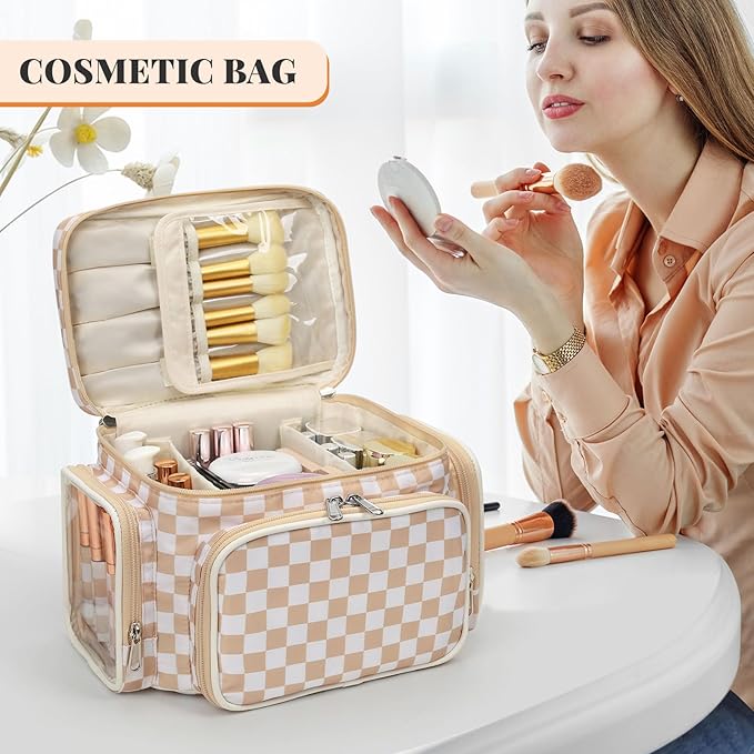 Large Makeup Bag, Portable Travel Makeup Bag Organizer for Women Girls with Makeup Brush Compartment & Two Side Pockets, Cosmetic Travel Bag Vertical Storage Toiletry- Checkerboard