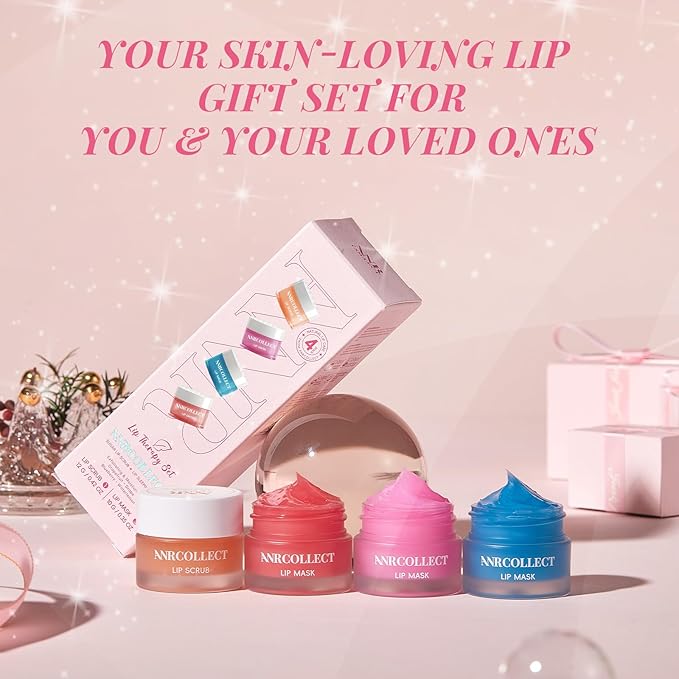 Lip Mask Set, 1 Lip Scrub +3 Overnight Lip Mask, Lip Glowy Balm and Scrub for Women, Exfoliating and Hydrating Dry, Chapped, Crack Lips, 4 Pack Lip Skincare Gift Set