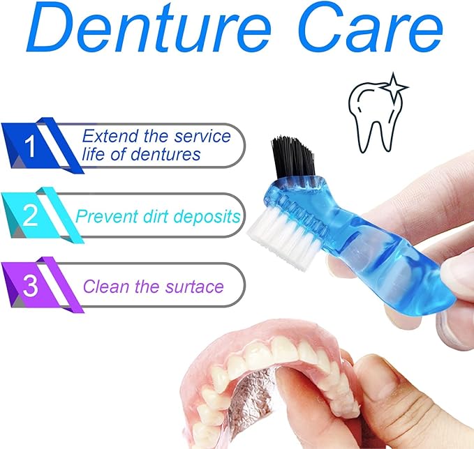 Keedolla 2 Pack Cute Denture Cups Denture Bath Container for Soaking False Teeth, Denture Storage Container Soaking Bath Case with 2 Brush - Blue and White