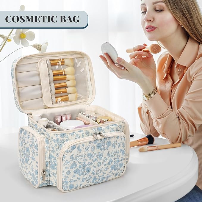 Large Cotton Makeup Bag, Quilted Floral Makeup Bag Organizer for Women Girls with Makeup Brush Compartment & Two Side Pockets, Cosmetic Travel Bag Vertical Storage- Blue Flower