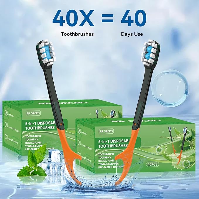 40Pack Disposable Toothbrush with Pre-Pasted Toothpaste 5-in-1 Mini Travel Toothbrush Deep Clean with Toothpick, Flosser, Tongue Scraper for Superior Oral Hygiene, Individually Wrapped