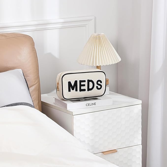 3Pcs Canvas Rx MEDS STUFF Packages, Cute Chenille Letter Patch Drug Makeup Bag with Metal Zipper, Mini Travel First Aid Purse Organizer Machine Washable (3Pcs Bags)