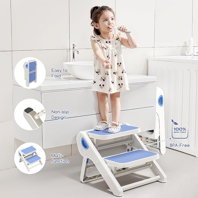 Foldable Toddler Step Stool for Bathroom Sink - 2-Step Kids Stool for Potty Training, Kitchen Counter & Bedroom, Sturdy Non-Slip Child Safety Stool Helper