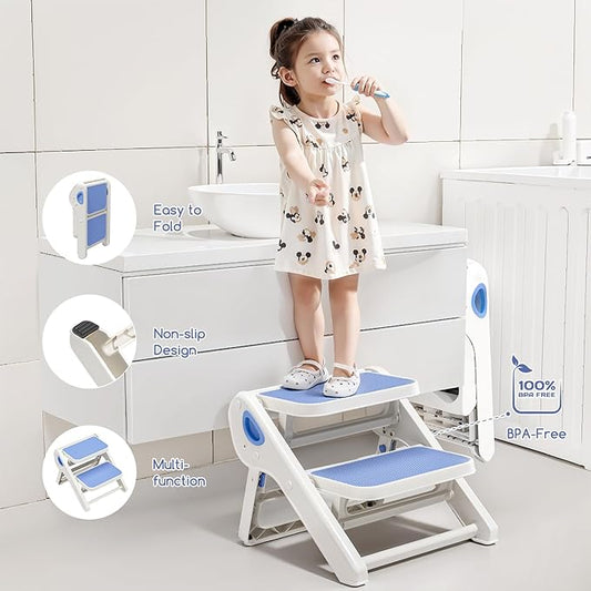Foldable Toddler Step Stool for Bathroom Sink - 2-Step Kids Stool for Potty Training, Kitchen Counter & Bedroom, Sturdy Non-Slip Child Safety Stool Helper