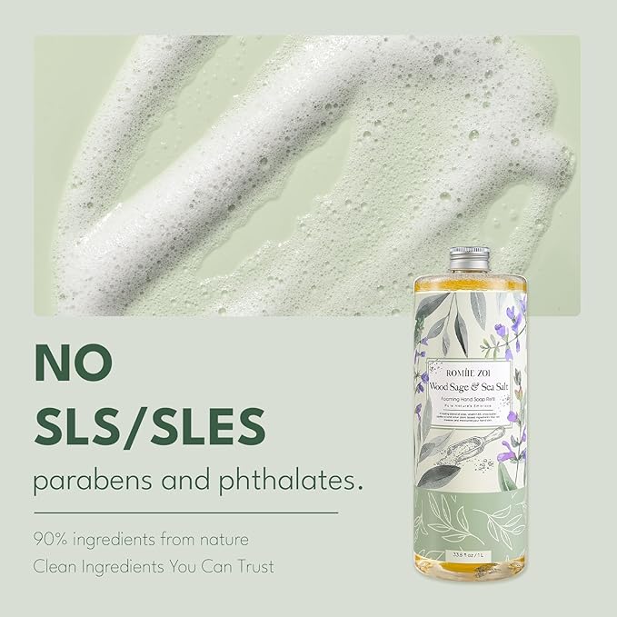 ROMIIE ZOI Foaming Hand Soap Refill Gift Set – Wood Sage & Sea Salt Scent – 3 Pack (1000ML Each) with Dispenser, Gentle & Moisturizing Plant-Based Formula – Bulk Refill Bottles for Bathroom & Kitchen