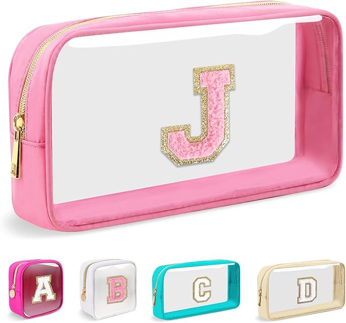 Small Clear Personalized Initial Makeup Bag,Nylon Preppy A-Z Chenille Letter Patch Cosmetic Pouch Beach Toiletry Bag,Waterproof Zipper Travel Purse Storage Bag Organizer for Women Girls(Pink-Pink J)