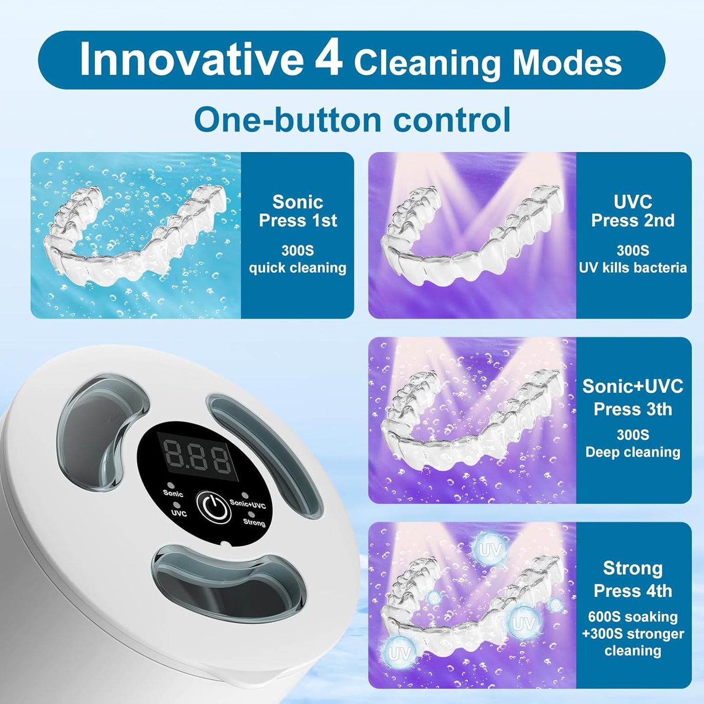 Retainer Cleaner Machine with UV,45kHz High Frequency,4 Upgraded Modes,UV Ultrasonic Retainer Cleaner,200ML Dental Cleaning Pod,for Retainers,Night Guards,Aligner,Braces etc.,Iceberg White