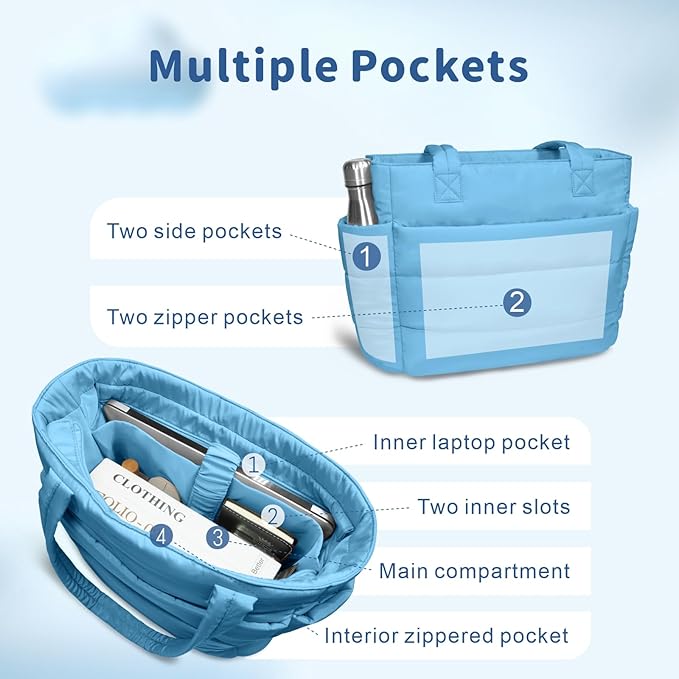 TOPDesign Puffer Tote Bag for Women, Lightweight Puffy Handbag with Compartments, Quilted Shoulder Bag for Work, Travel, Gym