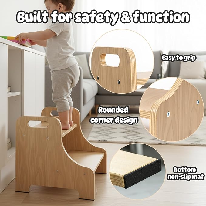 Toddler Step Stool for Kids, Toddler Kitchen Stool Helper with Handles & Non-Slip Pads, Wooden 2-Step Stool for Toddlers for Bathroom Sink, Potty Training, Kitchen & Bedroom 300lbs Capacity(Natural)