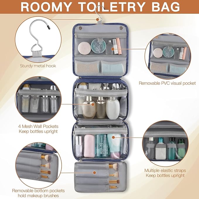 Elviros Hanging Toiletry Bag for Men Travel Essentials 3-in-1 Large Waterproof Dopp Kit PU Leather Shaving Bag with Separate Compartments for Grooming and Toiletries