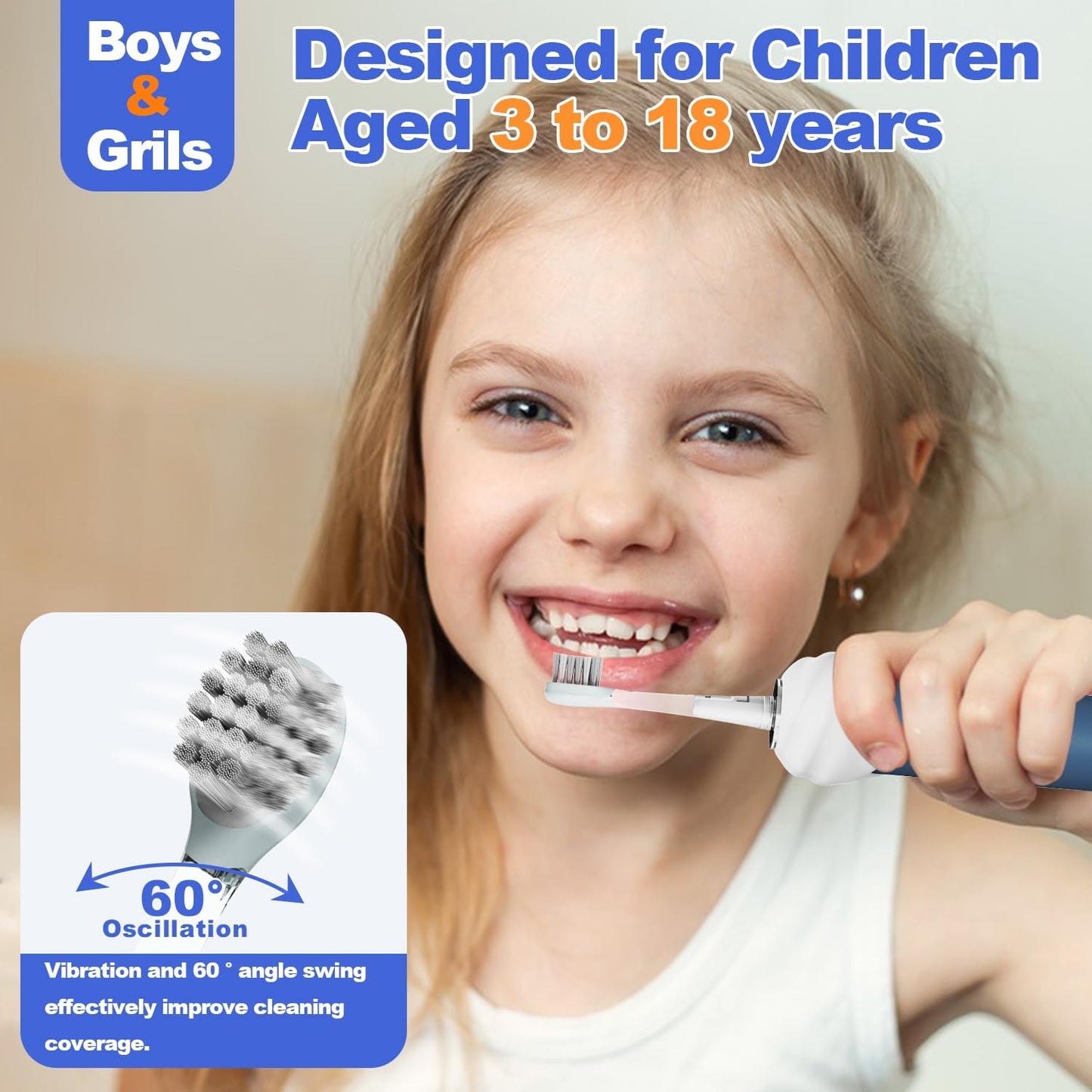 UV Self Clean Kids & Toddlers Electric Toothbrush | Improve Safe and Hygiene | Soft Bristles | Easy-Grip Silicone Handle | 4 Modes & 2-Min Timer | One Charge Last 60 Days | Age 3+ (Blue)