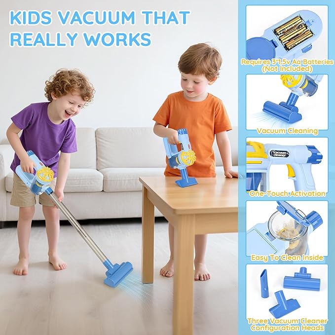 Dreamon Wooden Toddler Cleaning Set - 11Pcs Kids Cleaning Toy Set with 3-in-1 Kids Vacuum That Really Works, Montessori Cleaning Toys with Broom and Mop Set for Toddlers Girls Boys Age 3-6