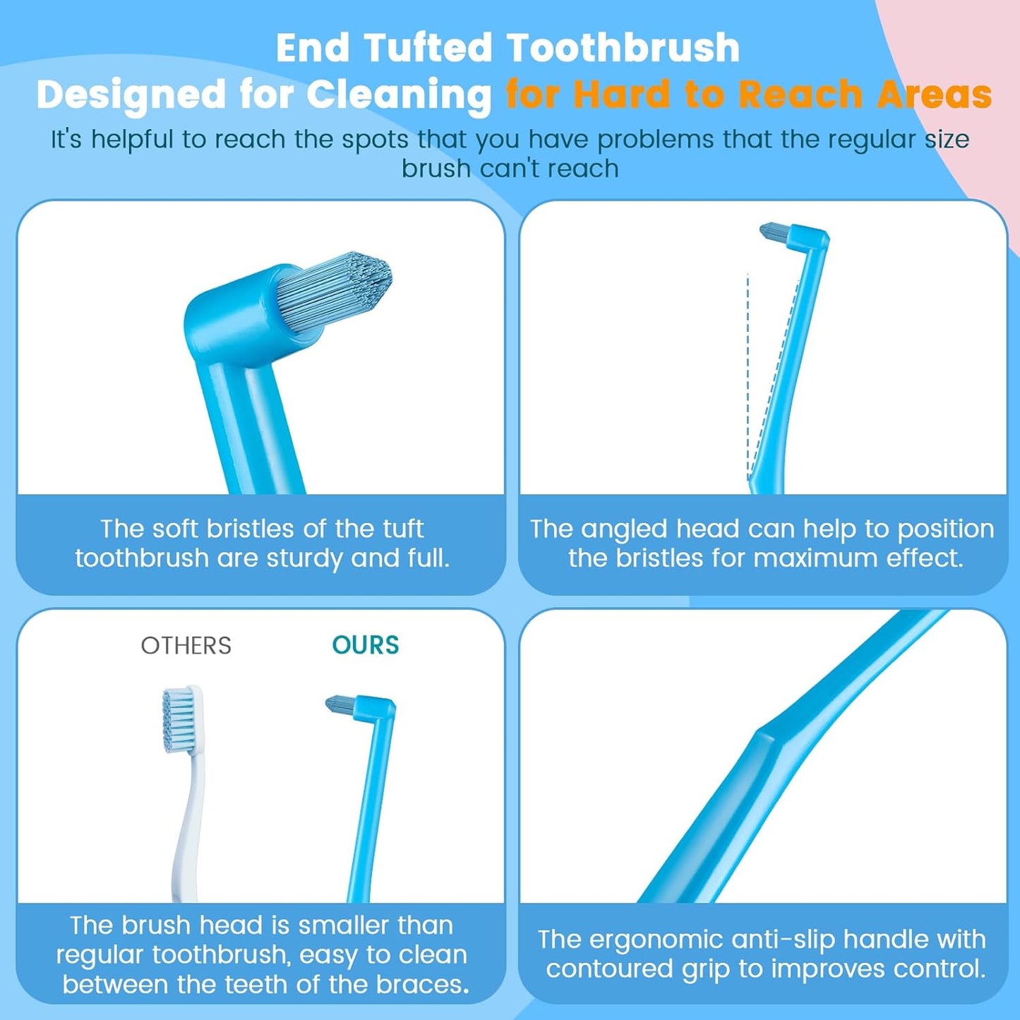 Fregum End Tuft Toothbrush for Orthodontic, Soft Bristles Angled Toothbrush for Braces, Implants, Retainers, Back Teeth, and Wisdom Teeth, 6 Pcs