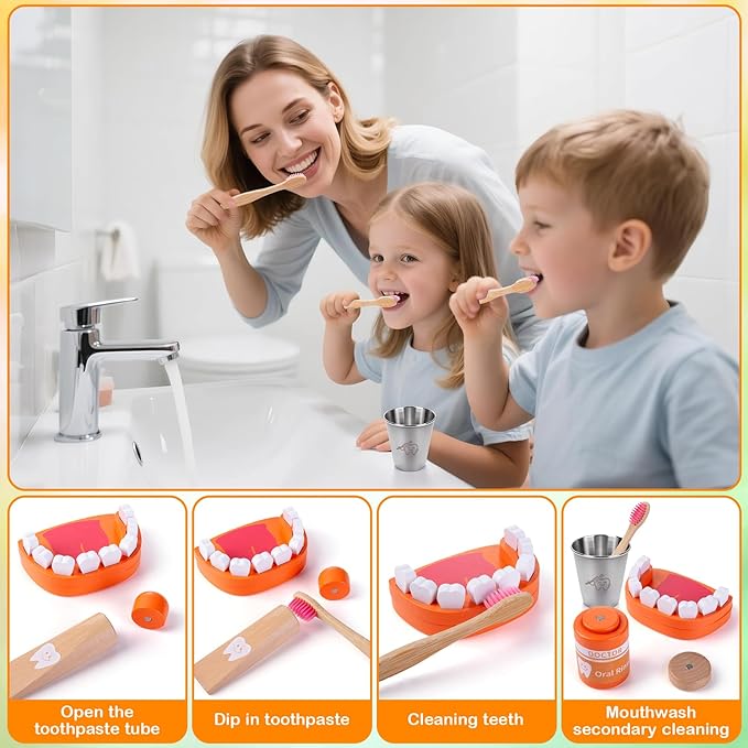 Doctor Kit for Kids, 33 Pcs Wooden Dentist Play Set for Toddler 3-5 with Real Stethoscope & Dental Tools, Pretend Playset Medical Toys Storage Bag Educational Role Play Doctor Toys Gift for Boys Girls