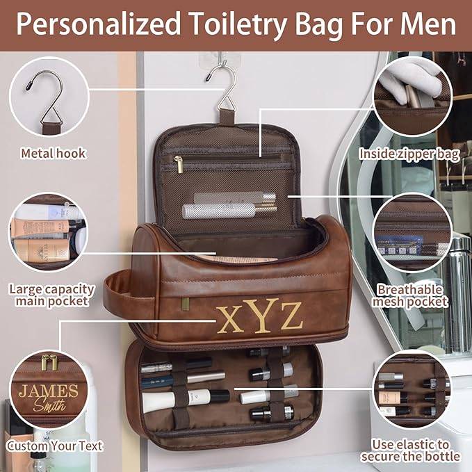 Personalized Toiletry Bag For Men, Large Capacity Travel Doop Kit, Vintage Color PU Leather, Custom Name Initials, Gifts for Dad, Husband, Boyfriend, Groomsmen, Birthday (Style 5)