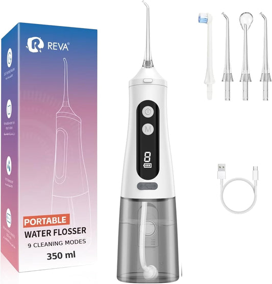 Reva Professional Water Dental Flosser for Teeth & Braces - 9 Modes Cordless Oral Irrigator, 350ML Large Reservoir, 360° Nozzle, IPX7 Waterproof, Rechargeable, Dental Floss Tool (M131 - White)