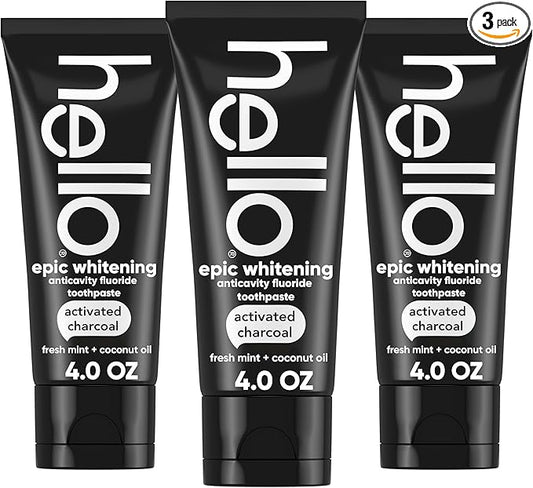 Hello Activated Charcoal Toothpaste, Fluoride Toothpaste with Activated Charcoal, Teeth Whitening Toothpaste with Fresh Mint and Coconut Oil, No SLS, Vegan, Gluten Free, 3 Pack, 4 OZ Tubes