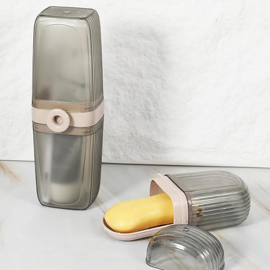 2Pcs Travel Toothbrush Case and Travel Soap Holder Dish Tray, Portable Toothbrush Holders with Cover Leakproof Bar Soap Container Dish Tray for Traveling, Bathroom, Camping, Business Trip Grey