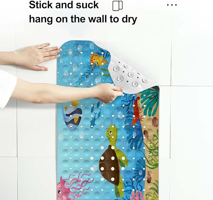 LNOND Bath Mat for Tub for Kids, Sea Turtle Bathtub Mat, Kids Bath Mats for Bathroom Non Slip with Drain Holes and Suction Cups,Machine Washable (40 X 16 Inch)