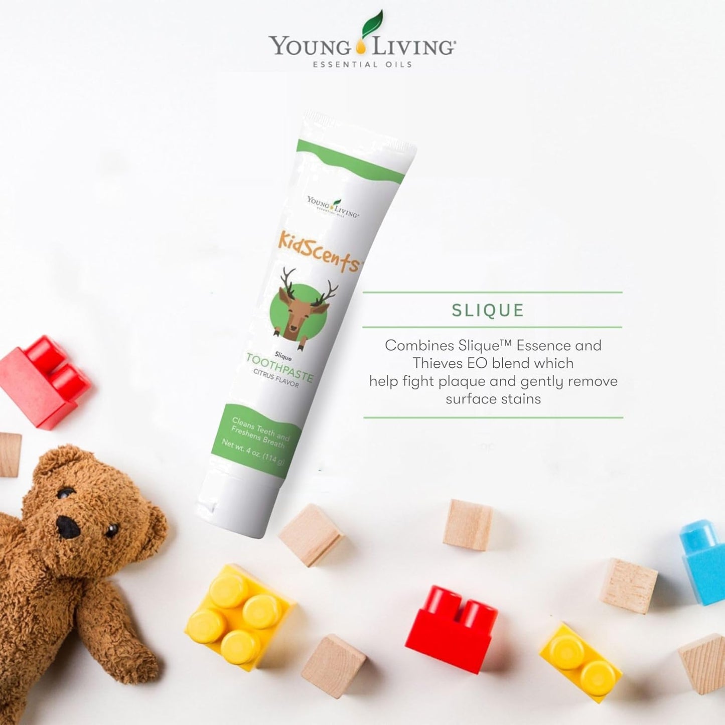 KidScents Slique Toothpaste by Young Living - 4 oz Tube - Gentle Dental Care for Kids - Premium Essential Oils - Citrus-Mint Flavor - Fights Plaque Removes Buildup and Stains - Fluoride and SLS Free