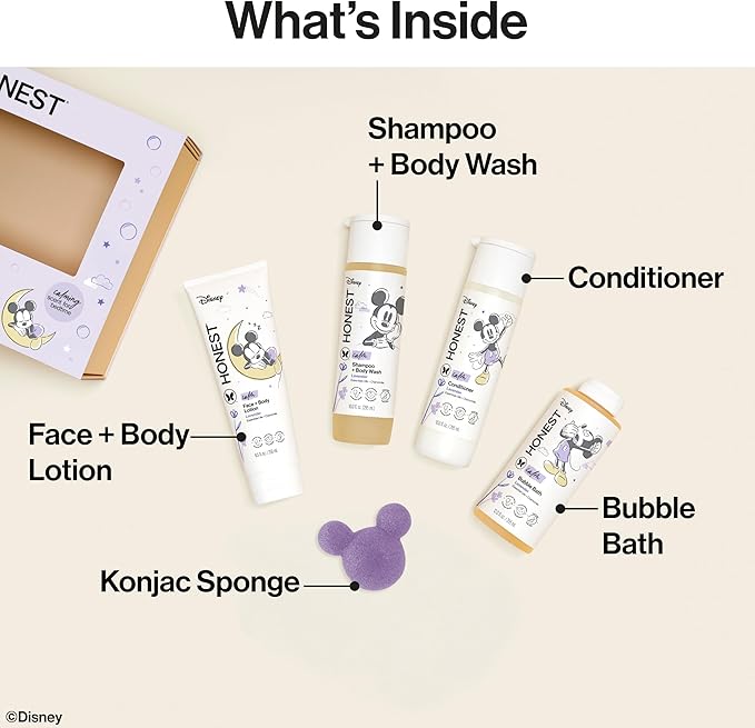 The Honest Company Calm Lavender Bathtime Gift Set and Disney Design Hypoallergenic Bath for Sensitive Baby Skin Shampoo Body Wash Face Lotion Bubble Conditioner Sponge