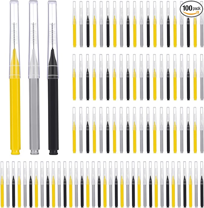 Patelai 100 Pieces Braces Brush for Cleaner Interdental Brush Toothpick Dental Tooth Flossing Head Oral Dental Hygiene Flosser Toothpick Cleaners Tooth Cleaning Tool (Black, Grey,Yellow,Various Sizes)
