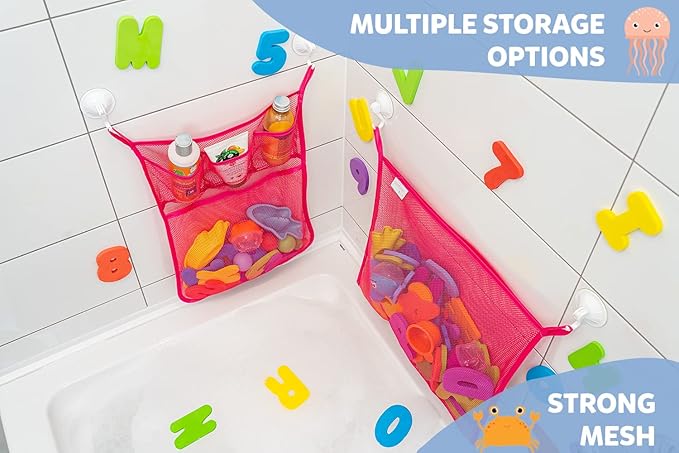 2 x Mesh Bath Toy Organizer + 6 Ultra Strong Hooks – The Perfect Bathtub Toy Holder & Bathroom or Shower Caddy – These Multi-use Net Bags Make Baby Bath Toy Storage Easy – For Kids & Toddlers