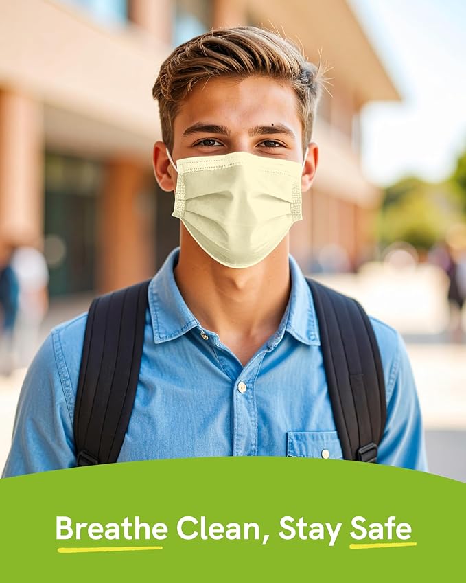 FriCARE Disposable Face Masks, 3-Ply ASTM Level 3 Medical Grade, FSA/HSA Eligible, Breathable & Comfortable for Allergy/Sun Protection, 50 Pack Cream