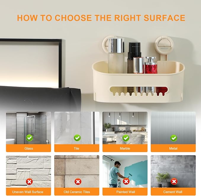 suntree Shower Caddy with Strong Suction Cups, No Drill Bathroom Shelf Organizer, Removable Soap Holder & Toothbrush Holder, Waterproof Storage with Drainage Design, Cream White