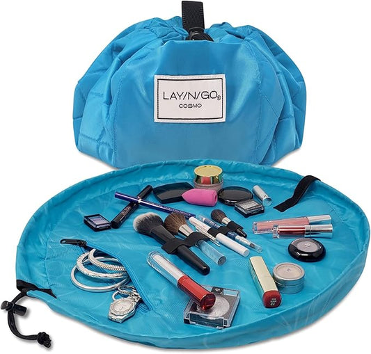 Lay-n-Go Cosmo Layflat Drawstring Cosmetic & Makeup Bag Organizer w/Zipper Pocket, Brush Loops & More, Cinch to Close, Lay Flat to Use, Durable, Machine Wash, Travel Toiletry Bag (20", Ocean Blue)