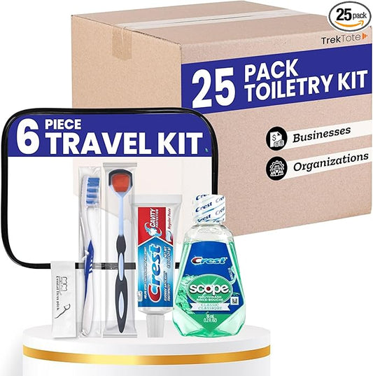 Trektote Bulk Toothpaste and Toothbrush Set- (25 Pack) 6 Piece Dental Care Kit, TSA Compliant, Includes Toothpaste, Toothbrush, Mouthwash, Flosses and Premium Toiletry Bag