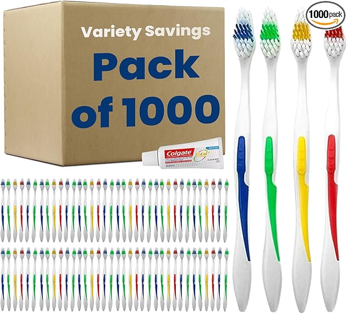 1000 Toothbrushes Bulk Wholesale Quantity Standard Size, Dental Care Toiletries, Medium Soft Bristles, Individually Wrapped, Homeless Care, Disposable Use, Hotels, Travel,
