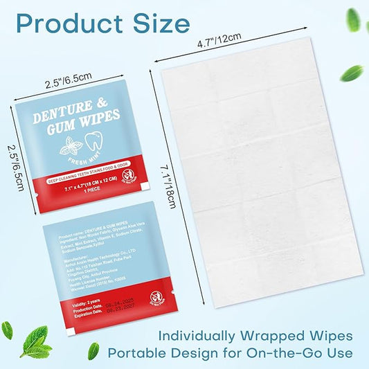Denture Cleaner Wipes Disposable Teeth Gum Retainer Wipe Oral Care, Tooth Gums Cleaning Dental Dentures Tablets, Denture Adhesive Food Debris Braces Stain Odor Remover for Adults Elderly Mint 200 Pcs