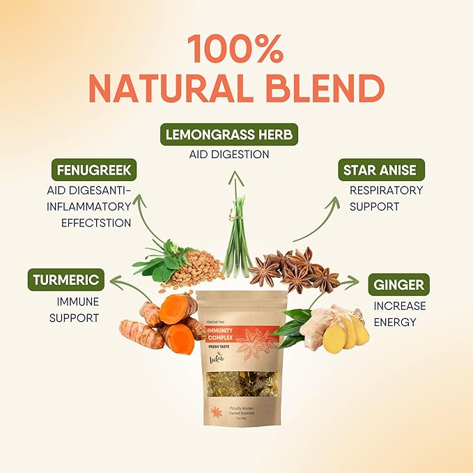 Organic Herbal Tea with Lemongrass, Ginger, Fenugreek, Star Anise, Turmeric, Caffeine Free, Immunity Care Blend