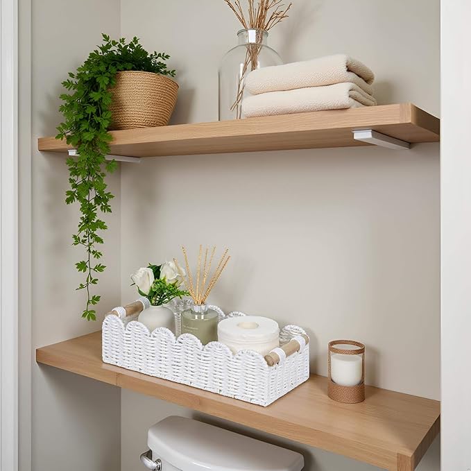 CubesLand Scalloped Edge Decor Basket for Living Room, Home, Bathroom, 2SAME SIZE Paper Rope Basket, Toilet Storage Baskets for Over Toilet Storage Shelf, Cozy Woven Baskets Both Storage&Decor, White