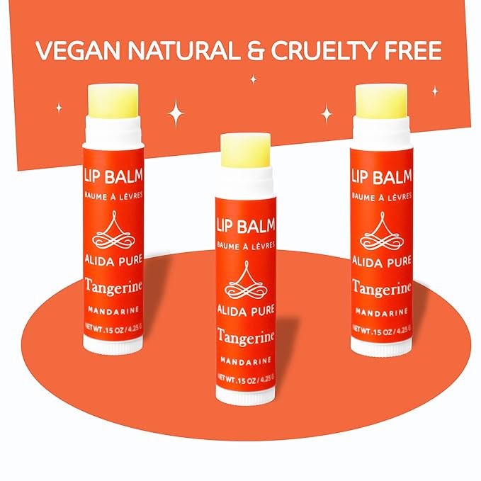 Tangerine Lip Balm, Vegan Set, Beeswax Free, with Organic Jojoba and Avocado Oil, Candelilla Wax, and Vitamin E, Natural Moisturizer For Dry, Chapped, or Cracked Lips, 3 Tube Set