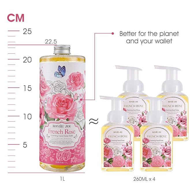 ROMIIE ZOI Rose Foaming Hand Soap Refill Gift Set – 3 Pack (33.8 Fl Oz Each) with Refillable Dispenser, Romantic Floral Scent, Moisturizing & Biodegradable for Bathroom, Kitchen, Sensitive Skin