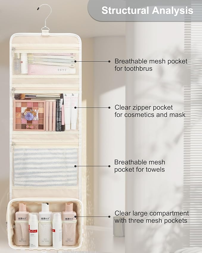 Relavel Hanging Toiletry Bag for Women, Hanging Makeup Organizer with Travel Size Toiletries, Portable Bathroom Travel Bag with Hook for Shaving Kit, Shampoo, Conditioner for Trip - Plaid